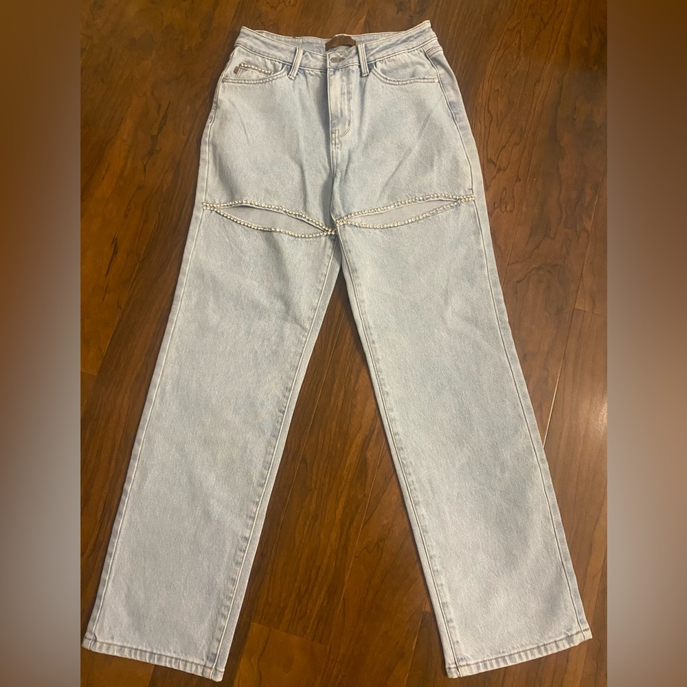 Judy Blue High Waist Rigid Magic Rhinestone Slit Detail Straight Jeans